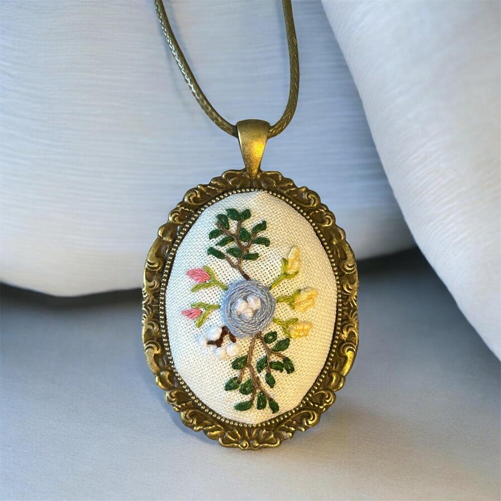 Hand-stitched Blue & White Floral Embroidery Pendant Necklace